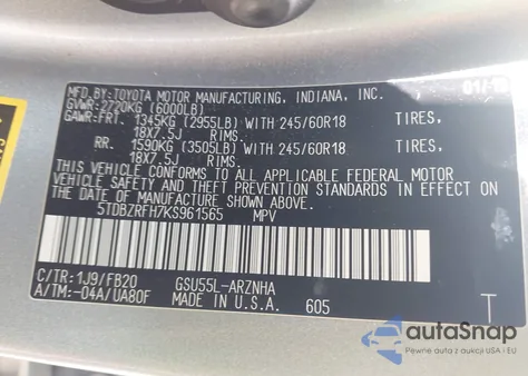 2019 Toyota Highlander Le/Le Plus из США, поврежденный, VIN 5TDBZRFH7KS961565